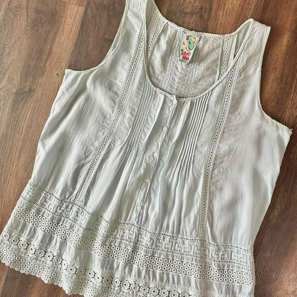 Johnny Was Lace Blouse Buttoning Sleeveless Baby Blue Boho Eyelet Tunic Top Lg